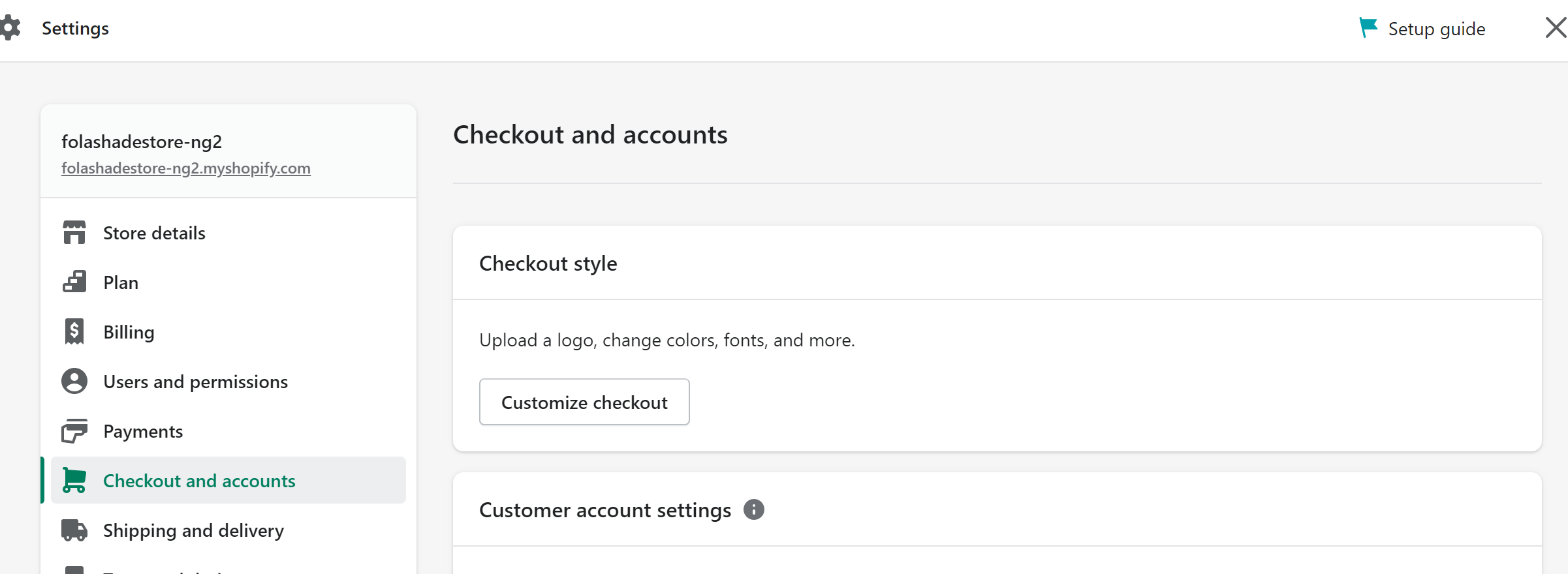 checkout and account Shopify dashboard settings
