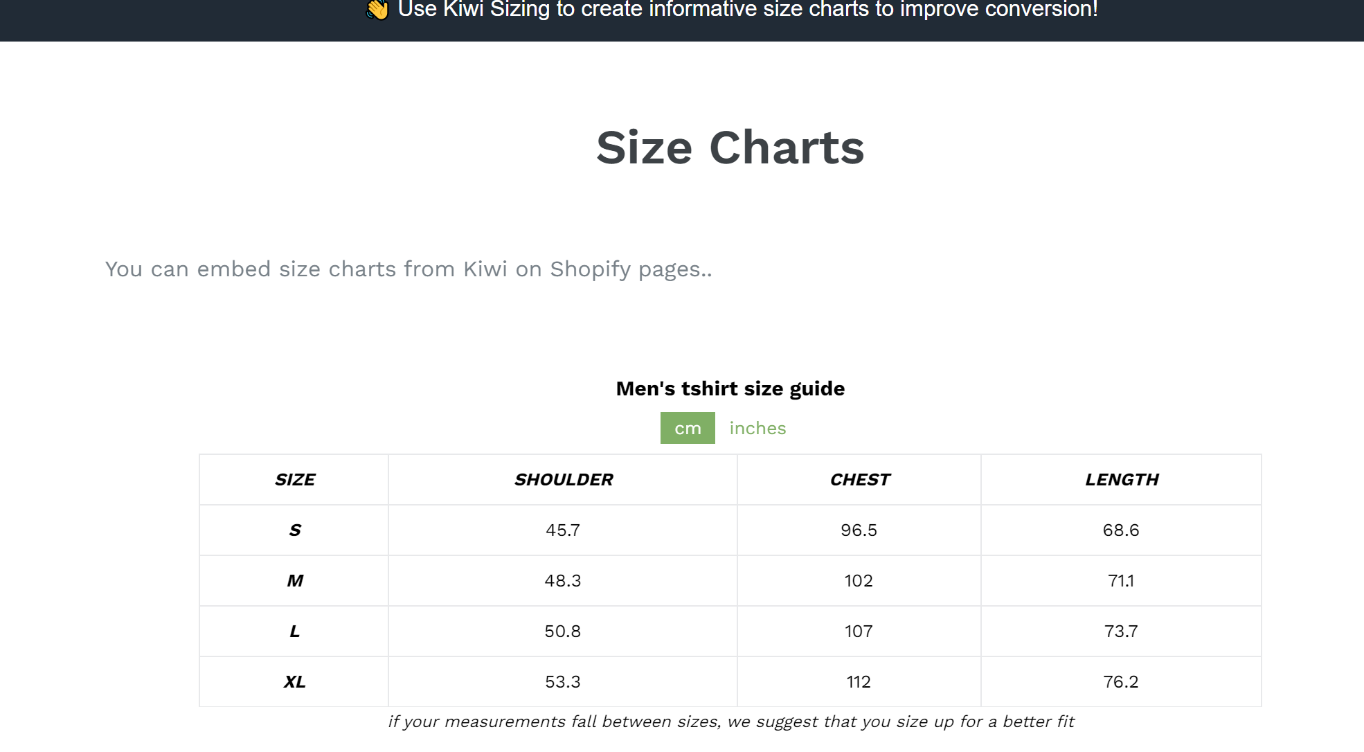 kiwi size chart 